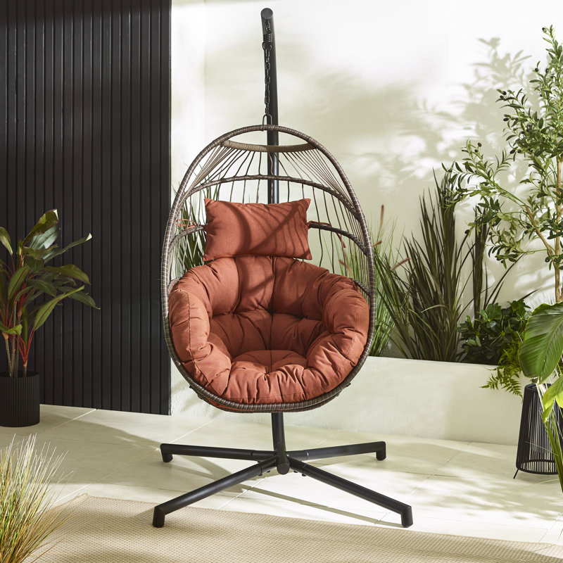 Kouts Cosy Rattan Weave Hanging Egg Chair Garden With Cushion - Contemporary Modern Design, Orange