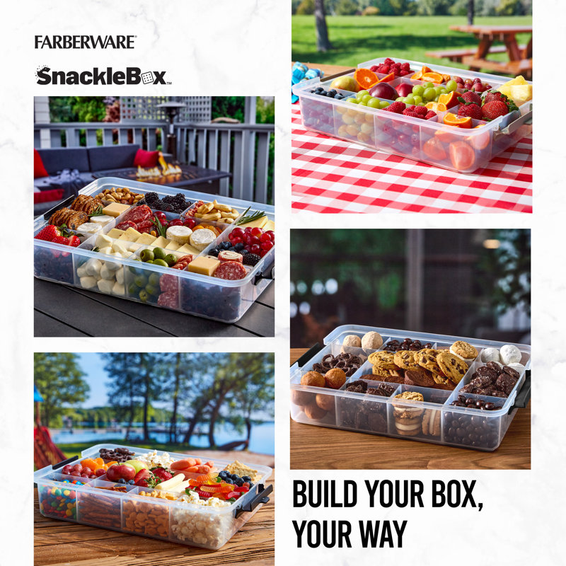 Farberware Large SnackleBox Bamboo Board and Box, Multi-Purpose Portable Snack Box with 11 Snack Dividers, Rectangle Chopping Board Lid and Black Locking Handles, 30 x 40.5cm
