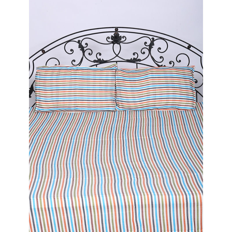 Exotic India Bamboo Bedspread Queen Size Rainbow Stripes woven with Pillowcases, Multicolor Striped 1