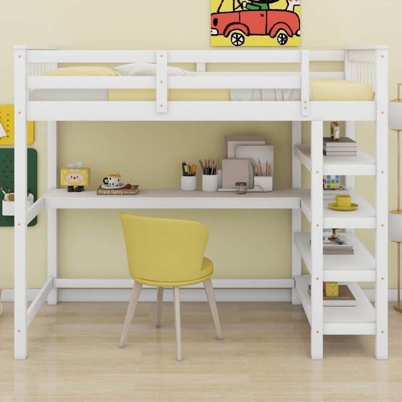 Lit mezzanine avec tablettes de rangement et bureau sous le lit, Blanc