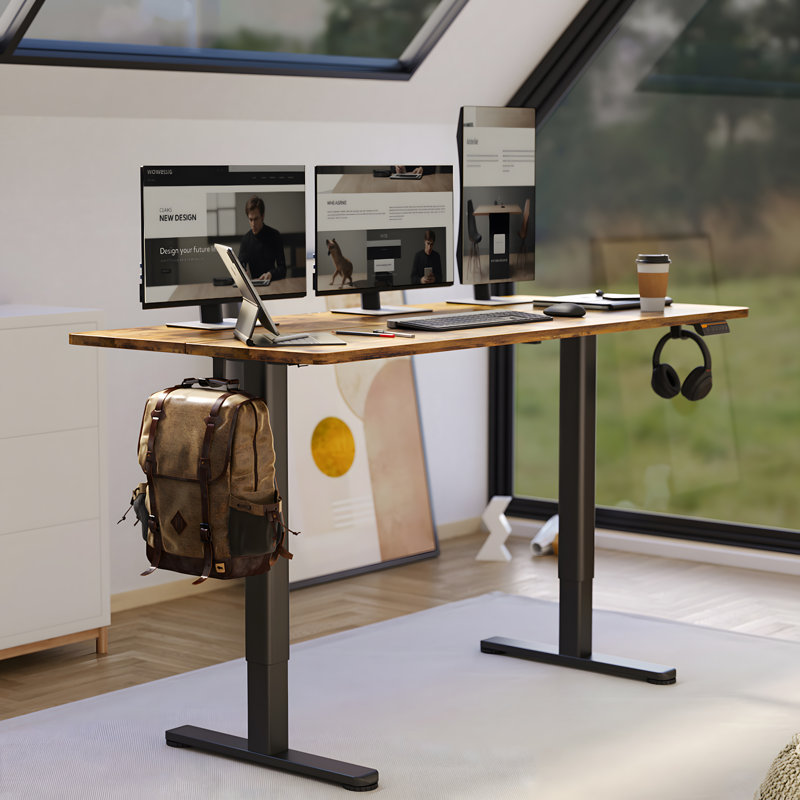 Bureau debout électrique à hauteur ajustable avec crochets, Noir / Noir, H 46,5 po x l 55 po x P 24 po