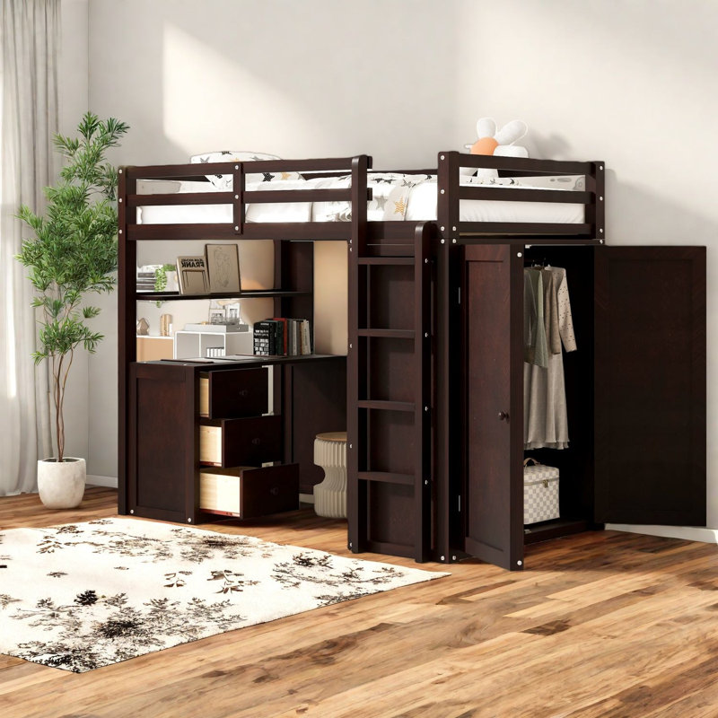 Lit mezzanine simple peu encombrant avec rangement multifonctionnel, finition espresso en bois massif pour les maisons modernes