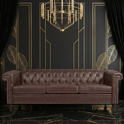Chesterfield PU Leather Sofa with Rolled Arms, Nailhead Trim & Solid Wood Legs