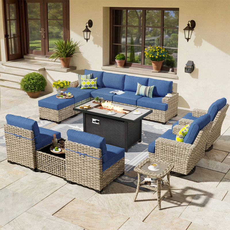14- Person Rattan Outdoor Seating Group With Swivel Rockers and Fire Pit Table, Black
