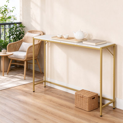 Console étroite avec prises et ports USB, table de canapé en marbre avec structure en métal, table d'entrée pour le salon et le couloir