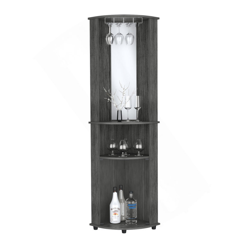 Nashville Corner Bar Cabinet Unit With Wine Glass Rack And Lower Cabinet, Smokey Oak, Smokey Oak