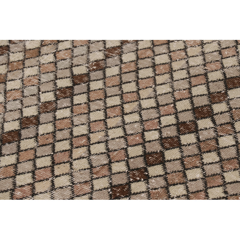 Vintage Distressed Runner Rug, Beige And Brown Geometric Pattern - Rug & Kilim
