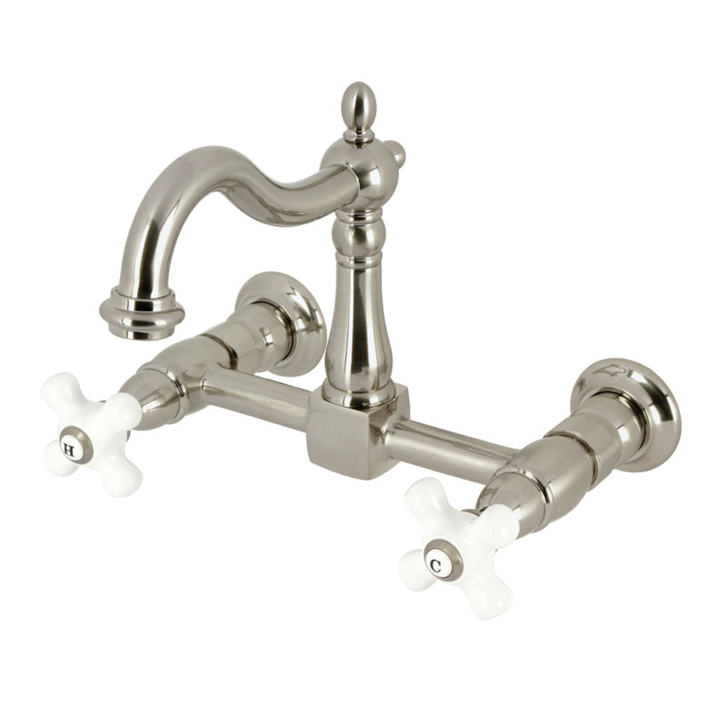Kingston Brass Double-Handle 2-Hole Wall-Mount Bridge Kitchen Faucet, Brushed Nickel, Cross Handle