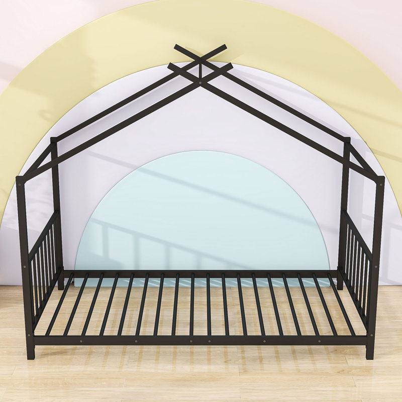 Aania Twin Size Metal House Bed with Slats and Headboard, Black
