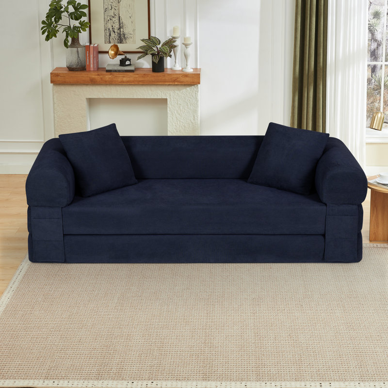 80" Queen-Size Futon Sofa Bed Foldable Couch Bed With 2 Pillows - No Assembly Required, Navy