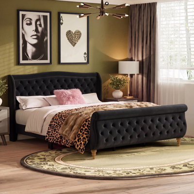 Verona King Velvet Sleigh Platform Bed with Button-Tufted Wingback Headboard