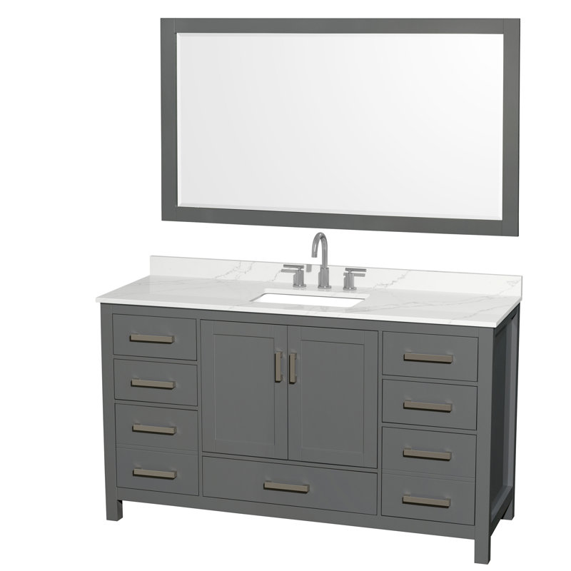 Sheffield 60" Freestanding Single Bathroom Vanity with Quartz Top with 58" Mirror, Chrome, Gray, Giotto Quartz
