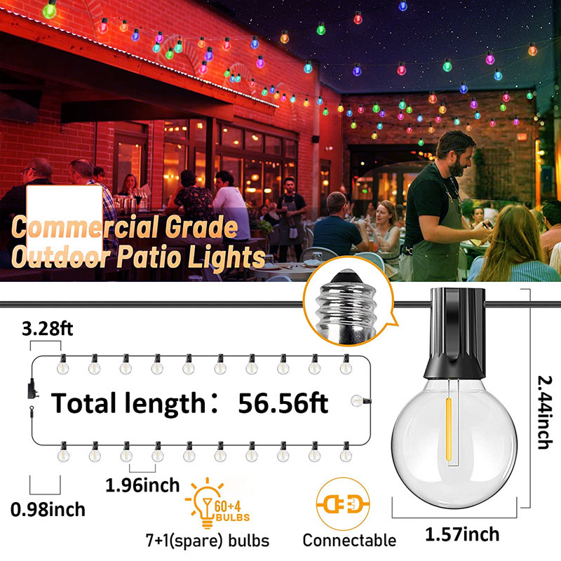 Bryah Solar Smart String Lights Outdoor 25Ft 15 Bulbs Globe G40 LED with Remote and App Control