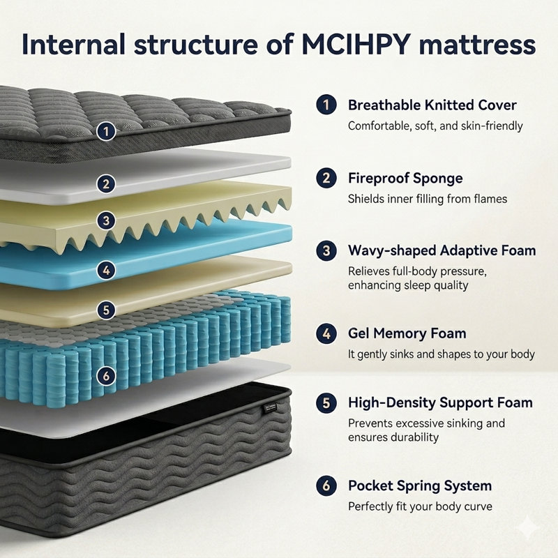 Matelas pour grand lit hybride mi-ferme 12 po, mousse viscoélastique imprégnée de gel et matelas à ressorts ensachés individuels dans une boîte
