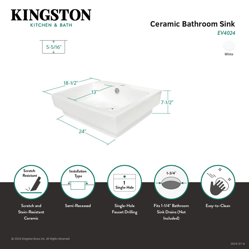 Kingston Brass Plaza Ceramic Semi-Recessed Bathroom Sink, White