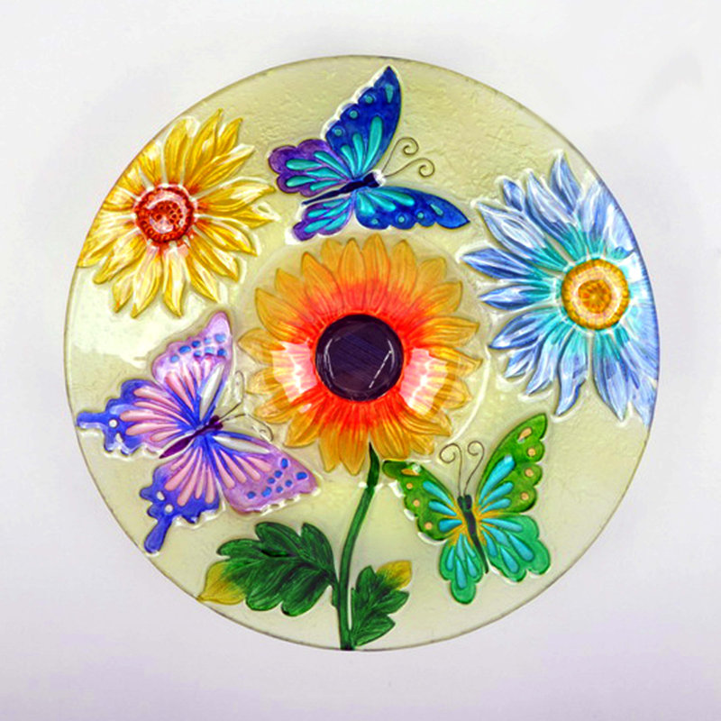  Solar Floral Glass Butterfly Bird Bath with Stand