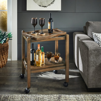 Telluride Wood Finish Folding Bar Cart With Two Detachable Trays