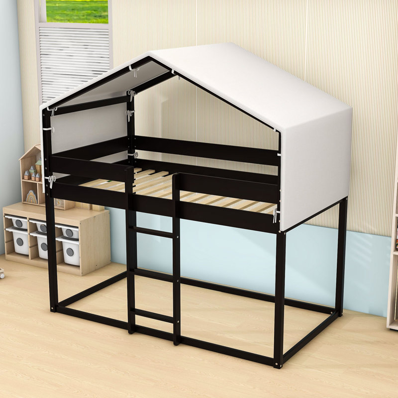 Lit superposé simple en bois avec tente et maisonnette, Espresso