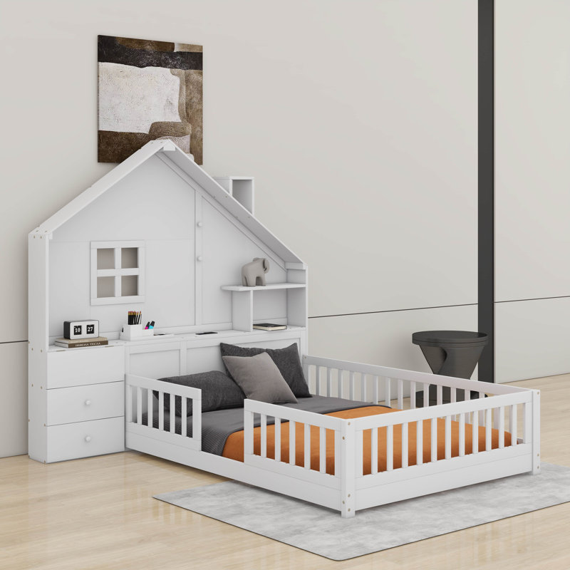 Lit maison avec fenêtre et tiroirs de chevet, lit plateforme avec tablettes, ensemble de prises et port USB, Complet/Double