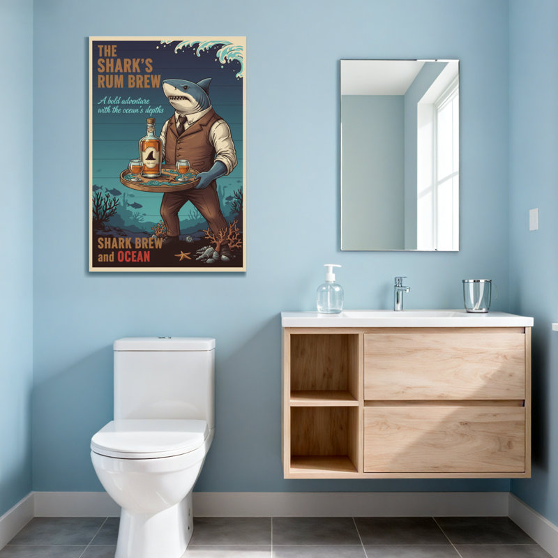 Fashion Shark In Suit Holding Rum Tray Under Ocean Waves, 48" H x 32" W