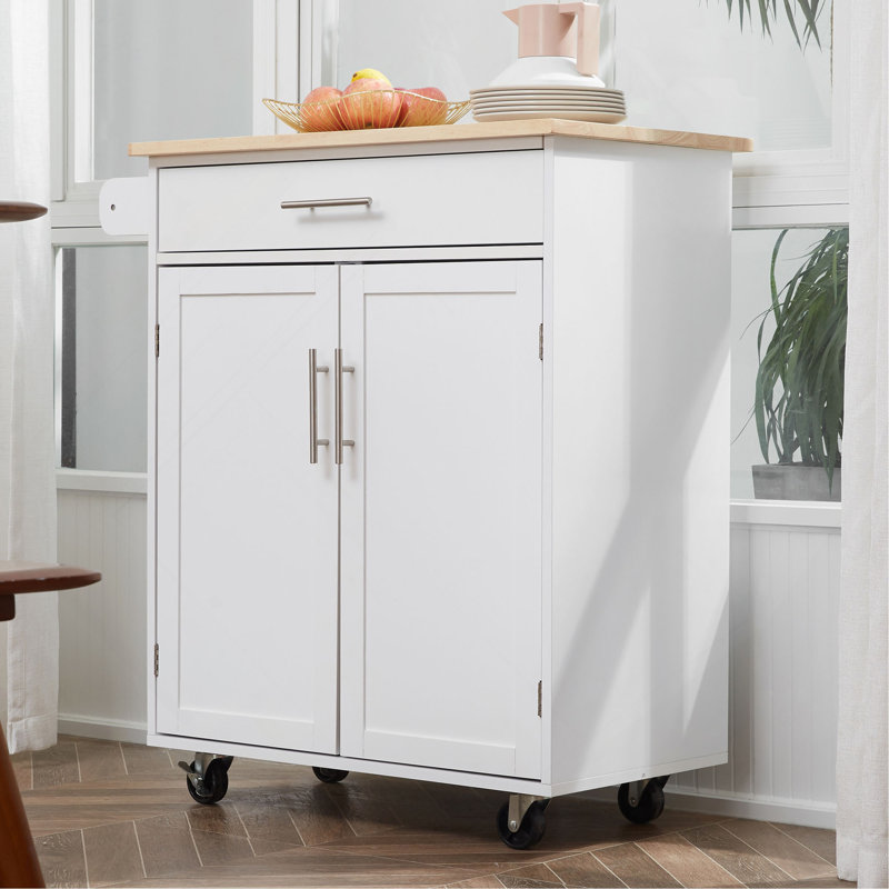 Îlot de cuisine avec chariot, tiroir, armoire de rangement et porte-serviettes, Blanc