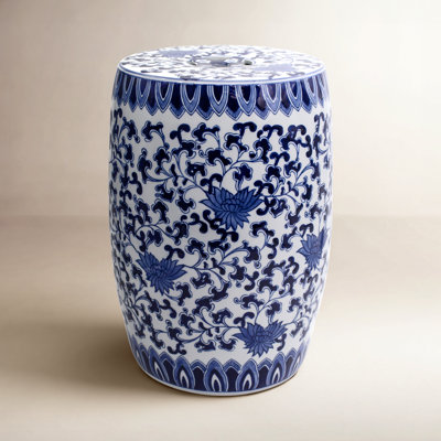 Blue Garden White Lotus Drum Stool by Euro Ceramica