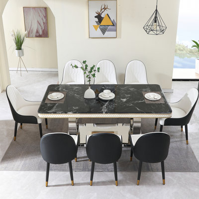 Table de salle à manger de luxe, plateau en faux marbre noir 78,7 pouces, 6 chaises, support en métal stable, look moderne attrayant 78,7 pouces, base avec finition brillante, table