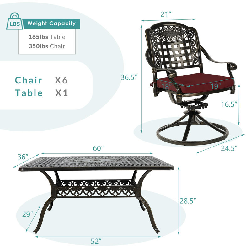 6 - Person Patio Dining Set with Rectangular Table , Cushions Included, Chili Red