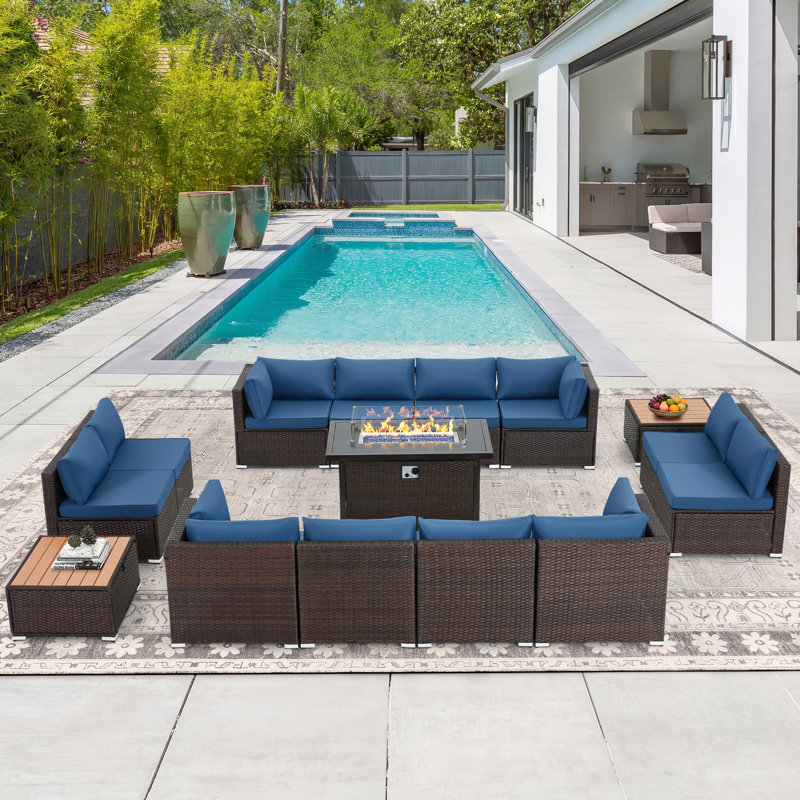 12 - Person Outdoor Wicker Patio Conversation Furniture Set with Fire Pit Table, Blue