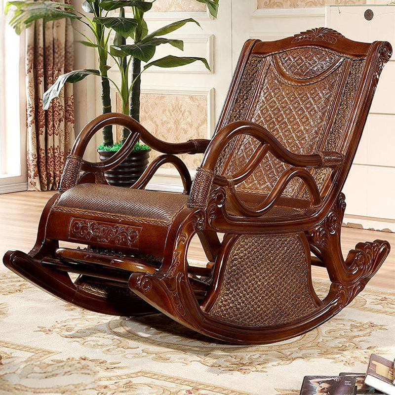 Chaise berçante de loisirs en rotin et bois massif, Marron foncé