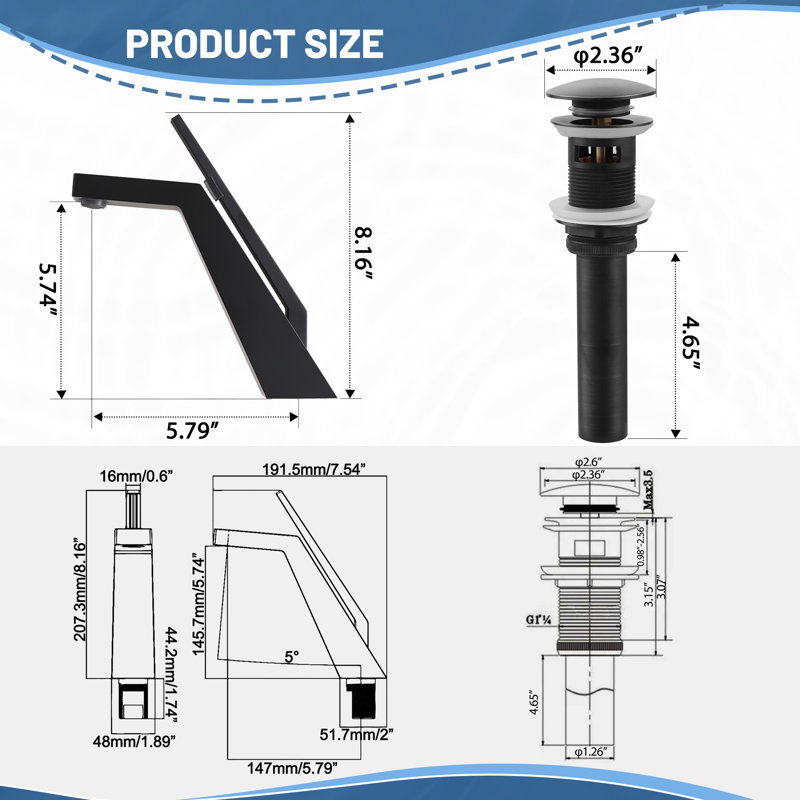 8.2" Solid Brass Single Hole Bathroom Sink Faucet With Drain Assembly, Matte Black