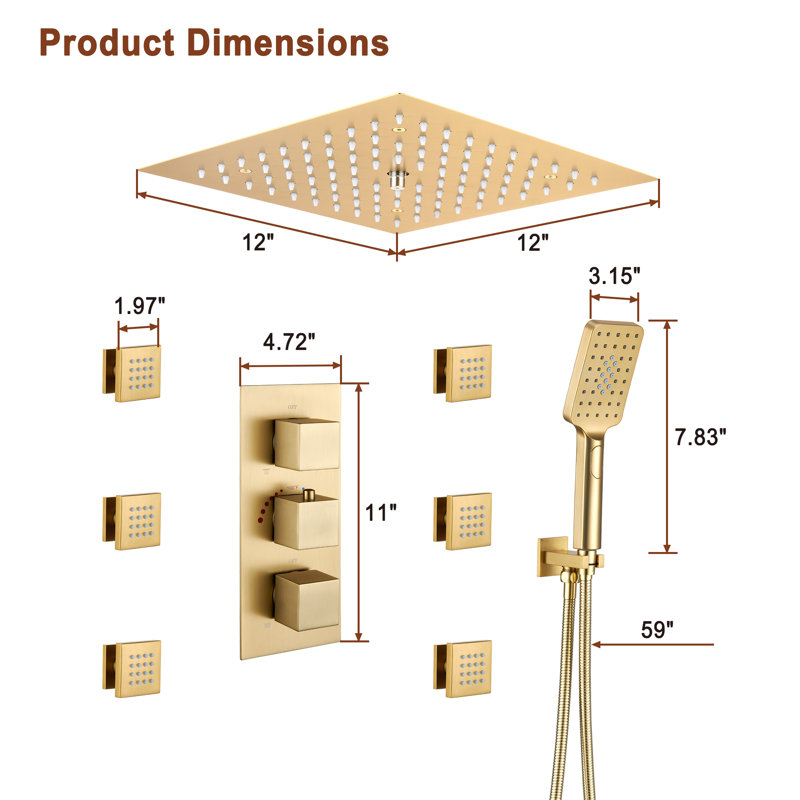Système de douche de luxe encastré avec 6 jets de corps et lumières DEL AquaRhapsody, Or brossé