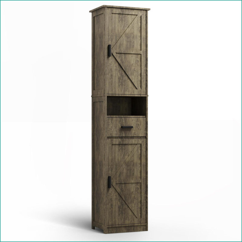 Storage Cabinet | 69” H Narrow Unit with 2 Barn Doors, 1 Drawer &amp; Adjustable Shelves | Slate Gray Particle Board | for Bathroom, Living Room, Entryway