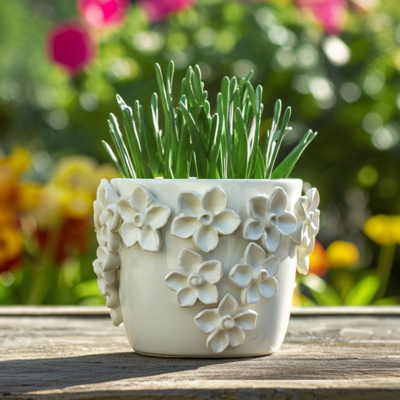 Adeline Floral Applique Planter, Ivory, 5" H x 6" W x 6" D