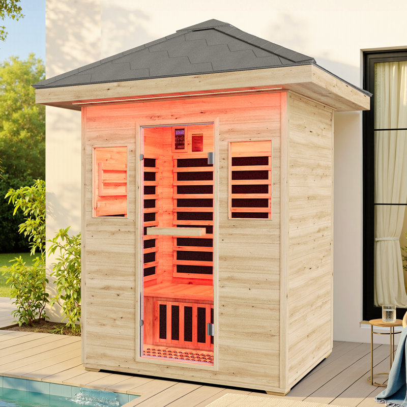 3-Person Home Infrared Dry Sauna With Tourmaline Foot Heater, Spruce-Wood, Low Emf  2645W/240 V – 7-Color Light Therapy & Dual Bluetooth Speakers (60.2″×43.3″×98.4″)
