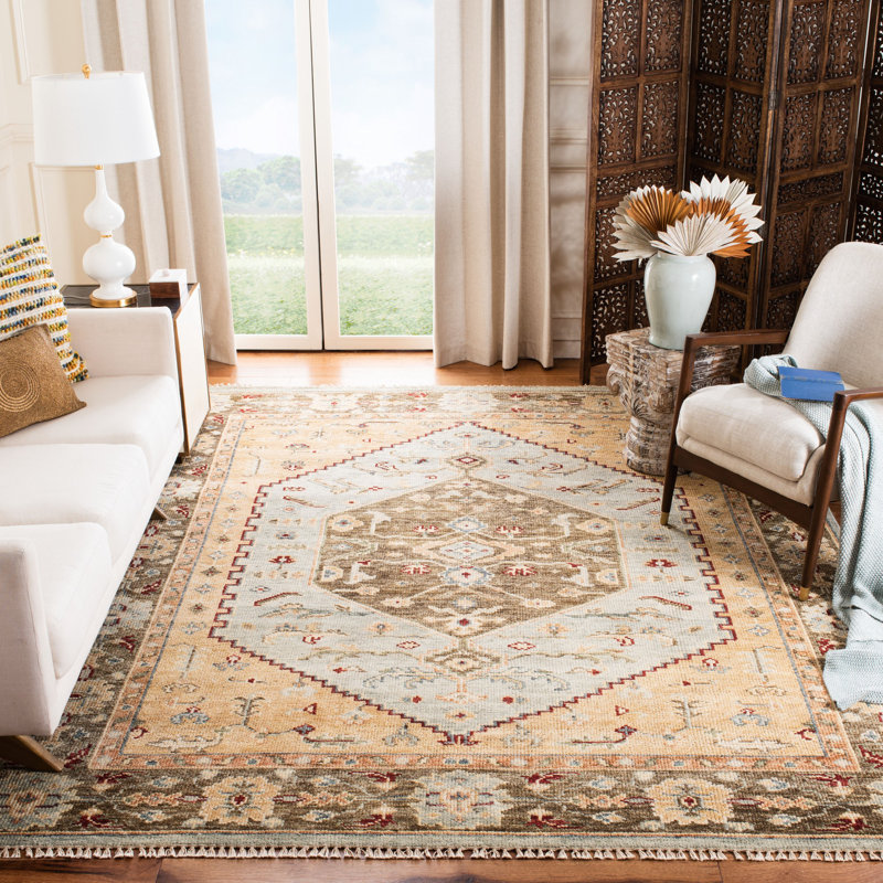 Tapis bleu / brun en laine noué à la main Samarkand Southwestern, Rectangle 9 pi x 12 pi