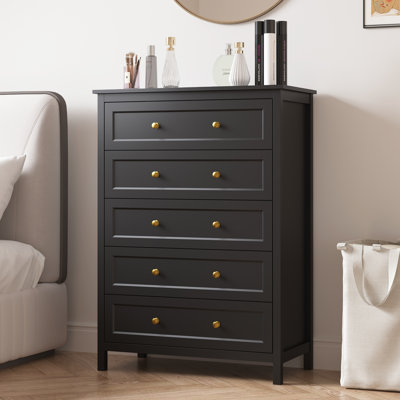 Commode 5 tiroirs pour chambre à coucher, commode de 42 po de hauteur avec poignées dorées, armoire de rangement moderne en bois pour le salon et le placard, noir