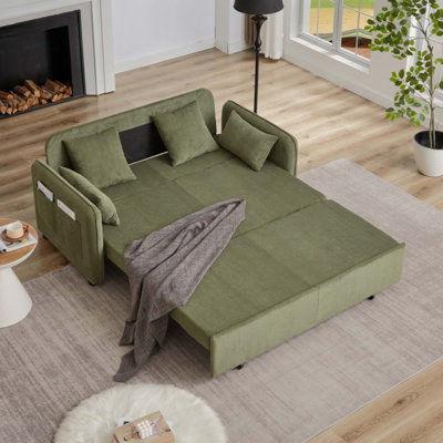 Sleeper Sofa Bed 3-in-1 Adjustable Sleeper with Pullout Bed 4 Pillows and Side Pockets Soft Corduroy Convertible Sleeper Sofa Bed for Living Room Bedroom Apartment Office