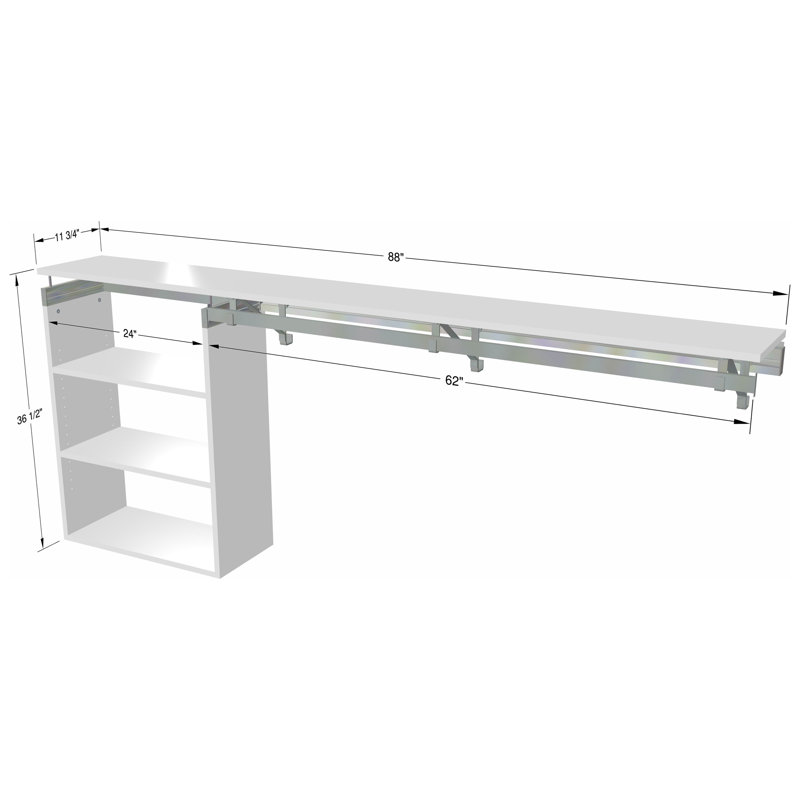 Tablette simple à suspendre avec casier, Blanc, 36,50 po x 88 po x 12,25 po