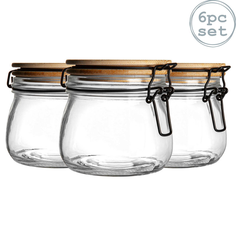 Argon Tableware - Wooden Clip Lid Storage Jars - Clear Seal - Set of 6, 10.5cm H x 11cm W x 12.5cm D