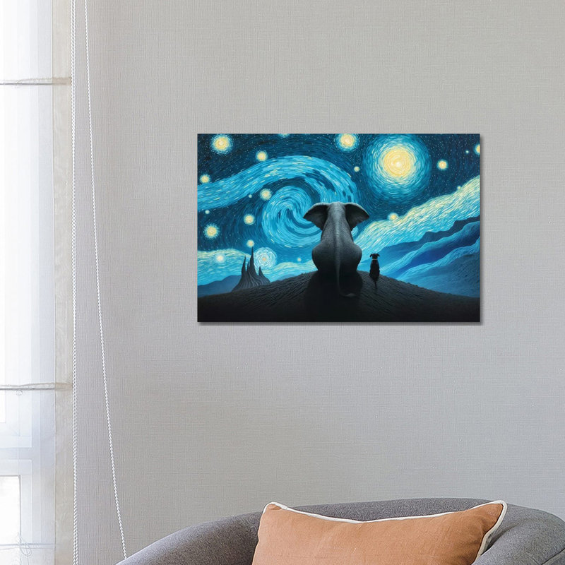 Elephant And Dog Looking At Starry Night by Mike Kiev - Wrapped Canvas Gallery-Wrapped Canvas Giclée, 45.72 cm H x 66.04 cm W