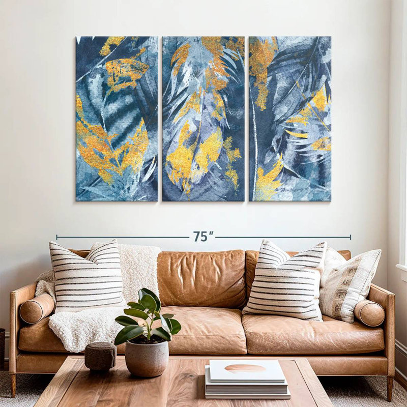 Kerner Gold Foil Blue Feathers Heap, 42" H x 65" W