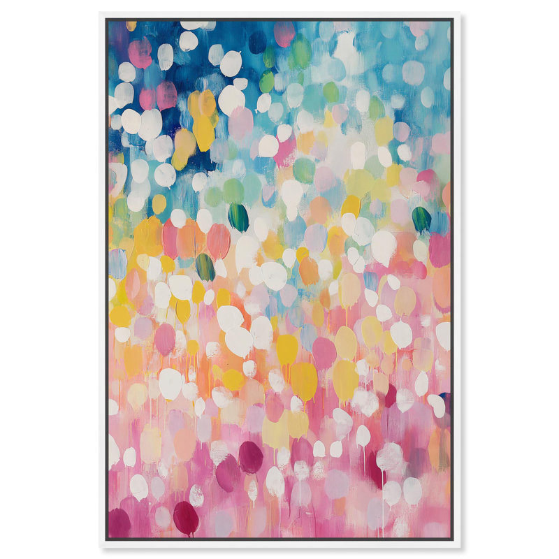 «Joyful Rainfall I», toile de couleur moderne abstraite par Art Remedy, Cadre blanc, H 25 po x l 17 po x P 1,2 po