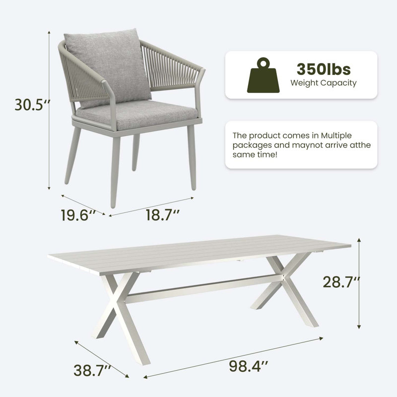 Rectangular Outdoor Dining Set With Cushions, Light Grey Cushion/White Frame, 8