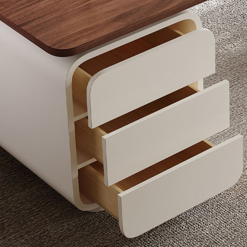 Bureau à 3 tiroirs brun noisette + blanc + argent manufacturé rectangulaire + acier inoxydable, Retour à gauche