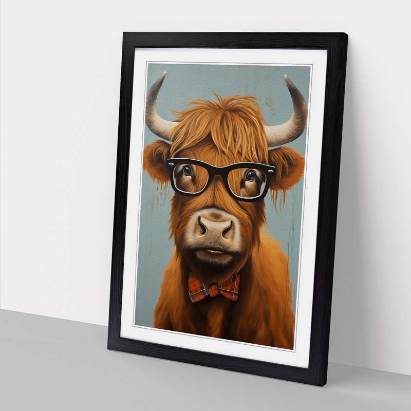 Highland Cow With Glasses Painting Framed Print, 64cm H x 46cm W x 2cm D, Black Framed