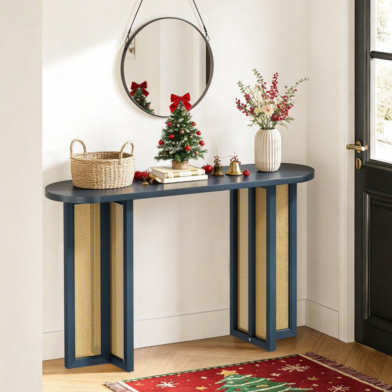 Console ovale en rotin - canapé de style campagnard en bois 47,8 po, table d'appoint, table d'entrée pour le couloir ou le salon, bleu antique
