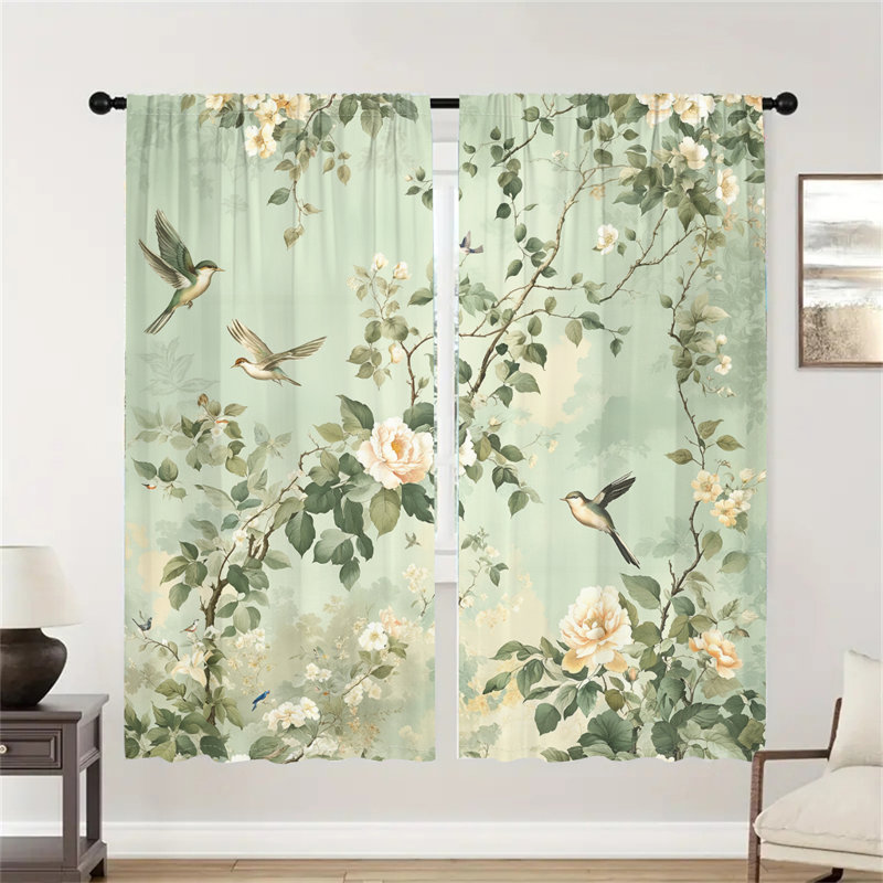 2Pcs Elegant Floral Bird Print Curtains Green Leaf White Flowers Pattern Rod Pocket Curtain Panels Light Filtering Drapes for Living Room Bedroom Kitchen Window Treatment Home Decor