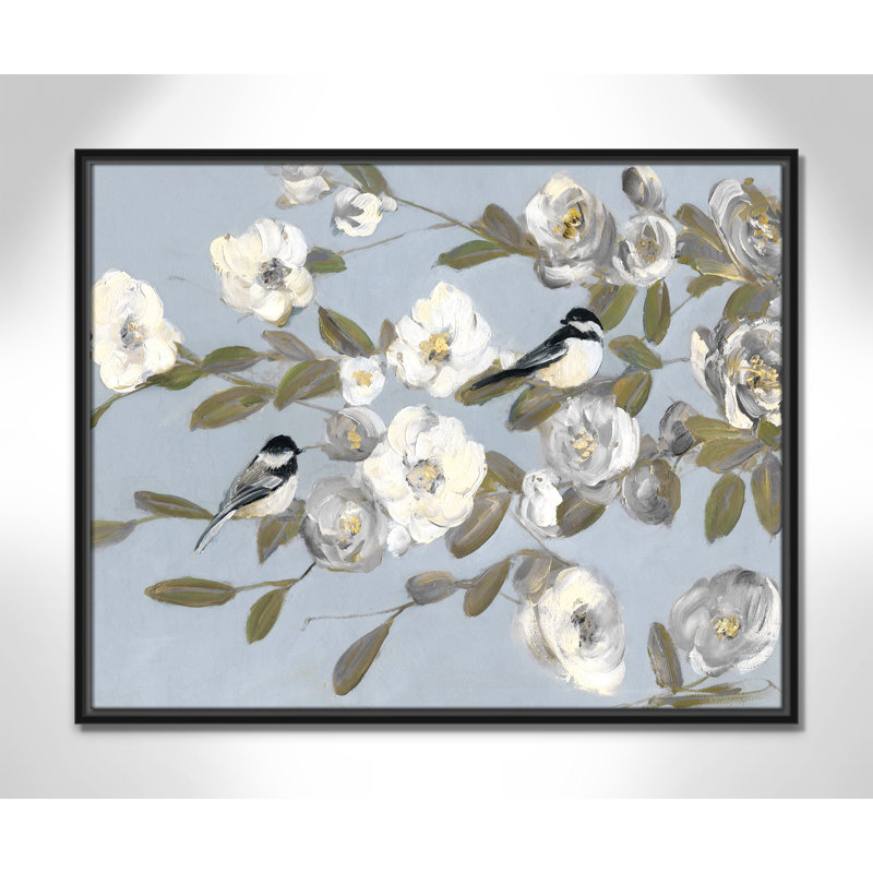 Chickadees and Blossoms " Chickadees and Blossoms I " Acrylic Painting, 23.5" H x 29.5" W x 2" D, Black Framed