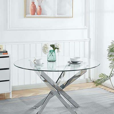Table de salle à manger ronde en verre 35,43 po avec pieds en métal
